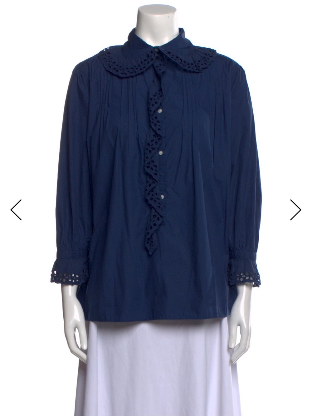 Nili Lotan Ruffled Pintuck Broderie Anglaise Cotton Shirt in Navy Blue